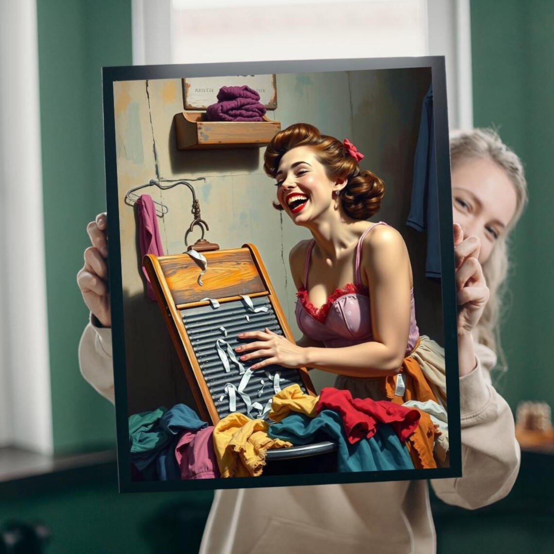 Vintage Pin Up Woman Washing Clothes Retro Washboard Art Poster