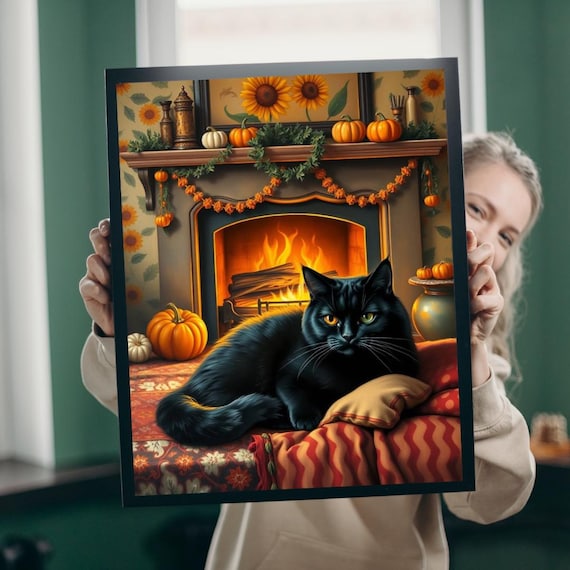 Autumn Jigsaw Puzzle Black Cat Pumpkins Cozy Folk Art Game