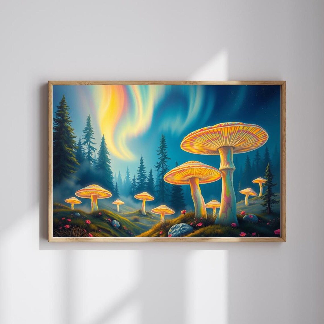 Glowing Mushrooms Aurora Night Forest Magical Fantasy Woodland Art Poster