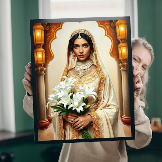 Middle Eastern Bride Golden Kaftan Lilies Wedding Portrait Wall Art