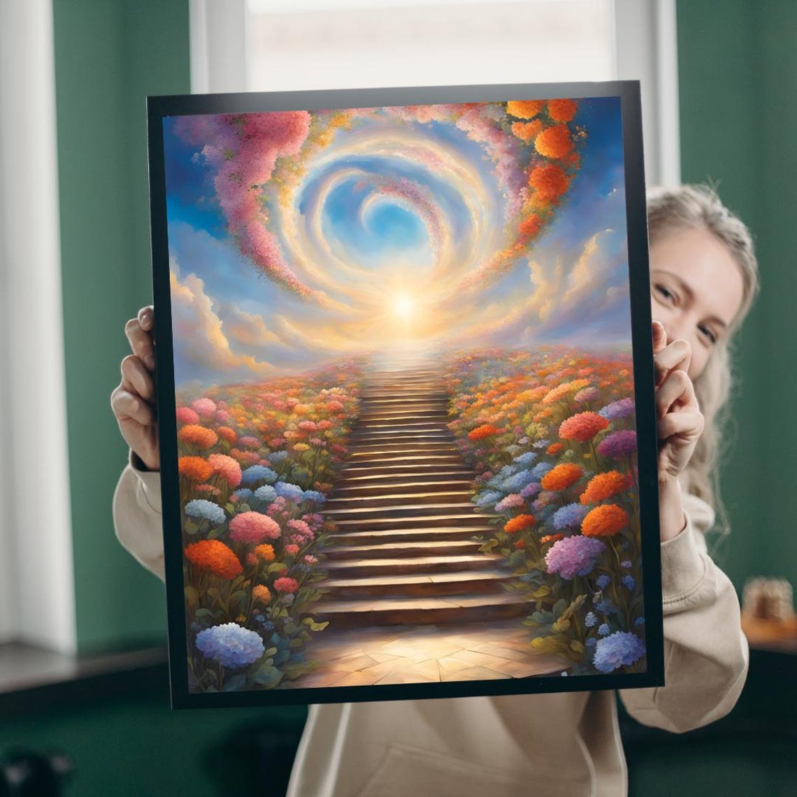 Heavenly Floral Staircase Print Stairway to Sky Christian Wall Decor