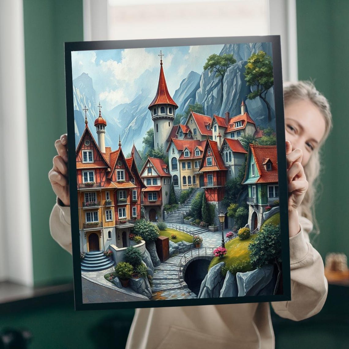 Storybook Alpine Village Church Spire Mountain Backdrop Art Poster