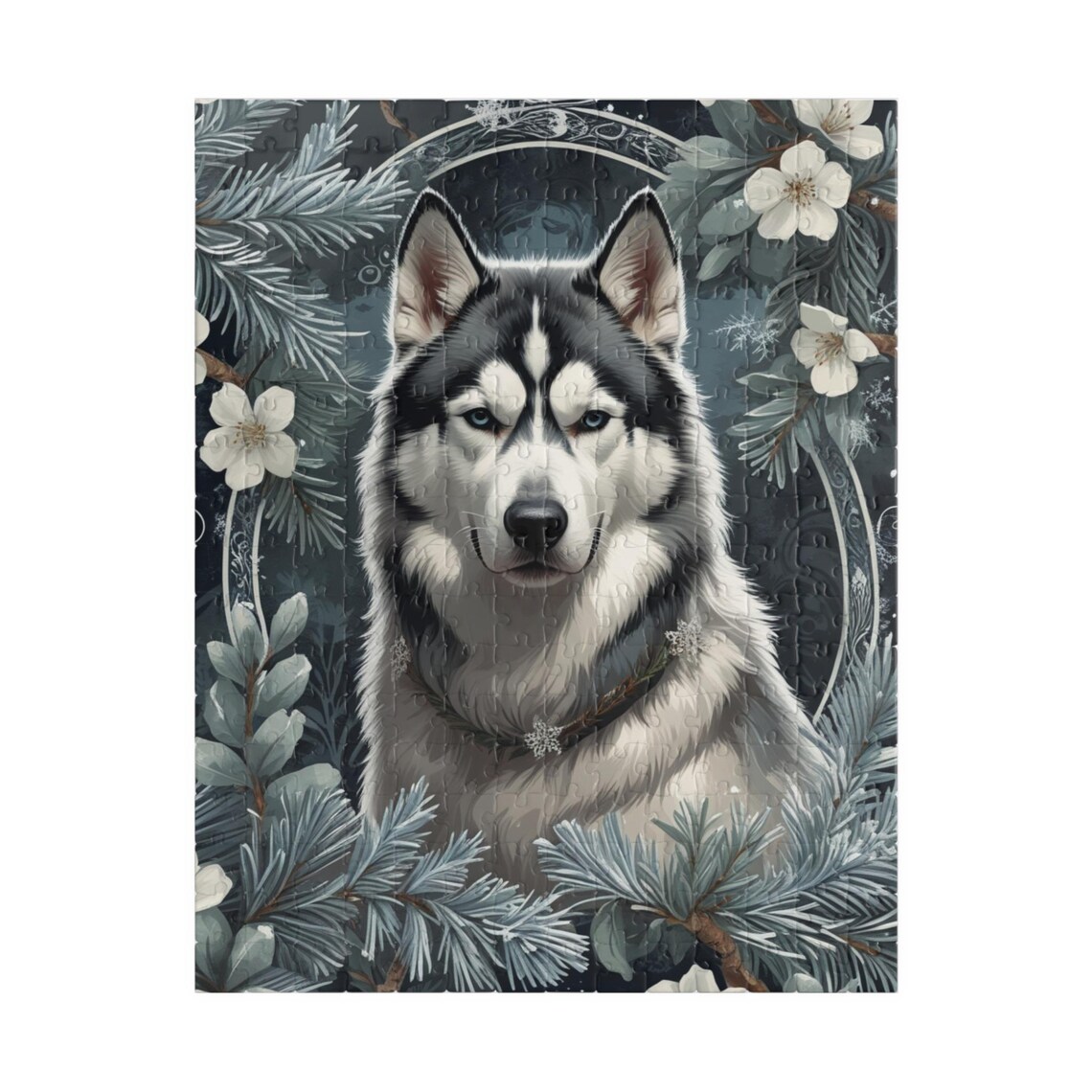 Siberian Husky Winter Floral Portrait Jigsaw Puzzle Dog Lover Art Poster