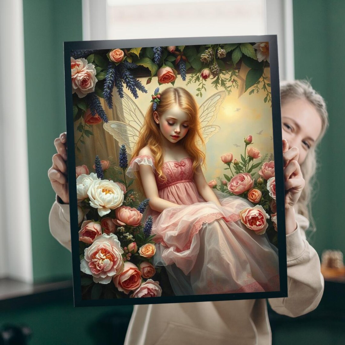 Peony Rose Fairy In Pink Dress Among Blooming Roses Art Poster