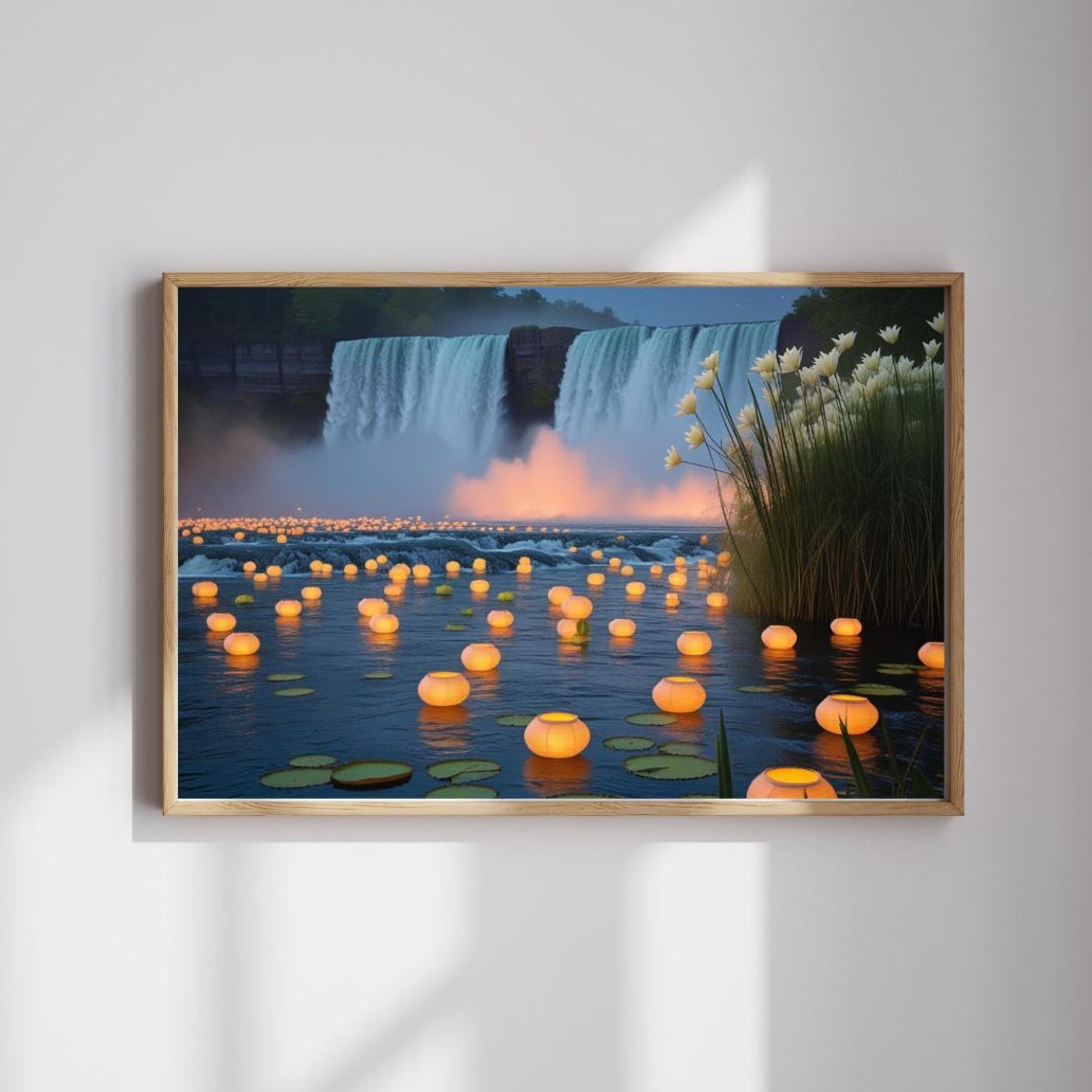 Waterfall Night Floating Lanterns Misty Falls Dusk Scene Poster
