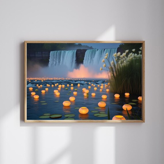 Waterfall Night Floating Lanterns Misty Falls Dusk Scene Poster