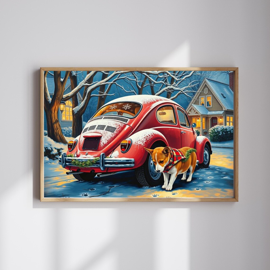 Vintage Red VW Beetle Snowy Street Corgi Dog Christmas Poster