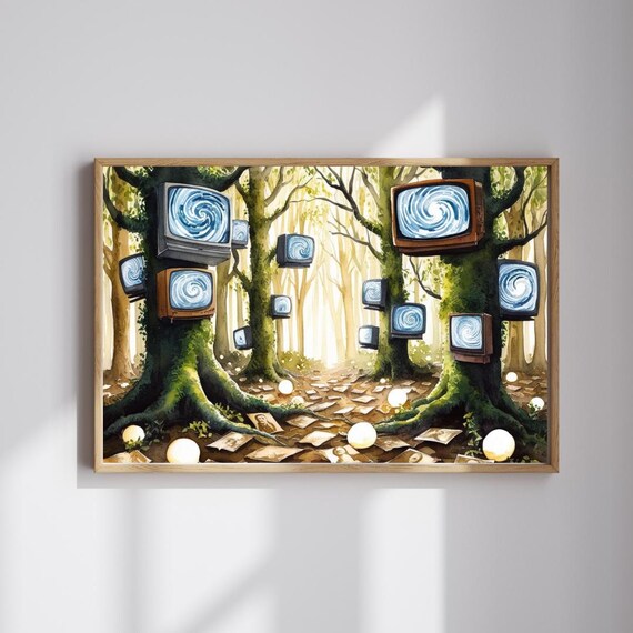 Weirdcore Forest Surreal Retro TVs On Trees Dreamlike Fantasy Wall Art