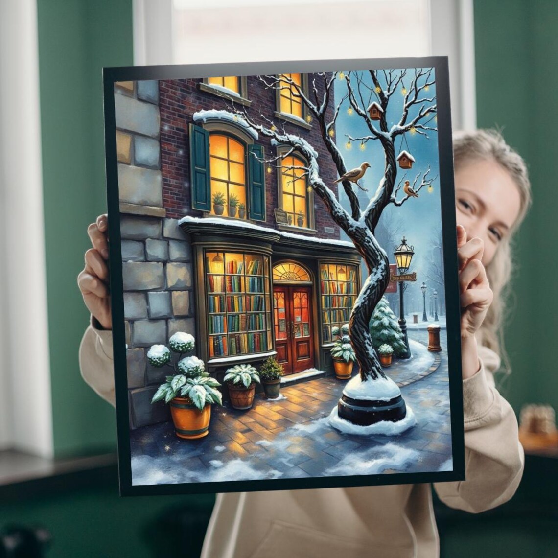 Winter Glow Old World Bookstore Snowy Street Cozy Art Poster