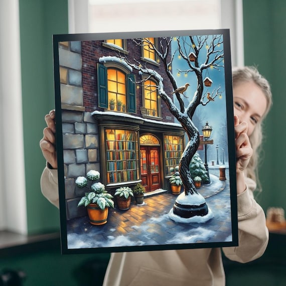 Winter Glow Old World Bookstore Snowy Street Cozy Art Poster