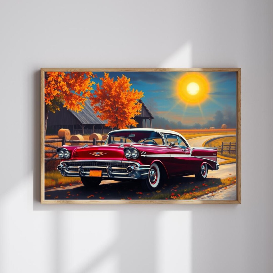 1957 Chevrolet Bel Air Red Vintage Car by Barn Autumn Sun Poster
