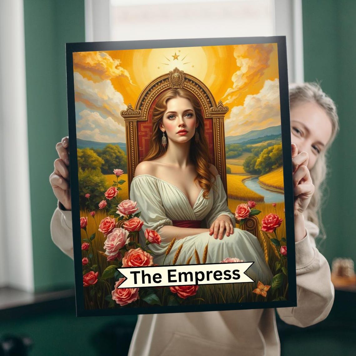 The Empress Tarot Card Golden Throne Roses Garden River Art Poster