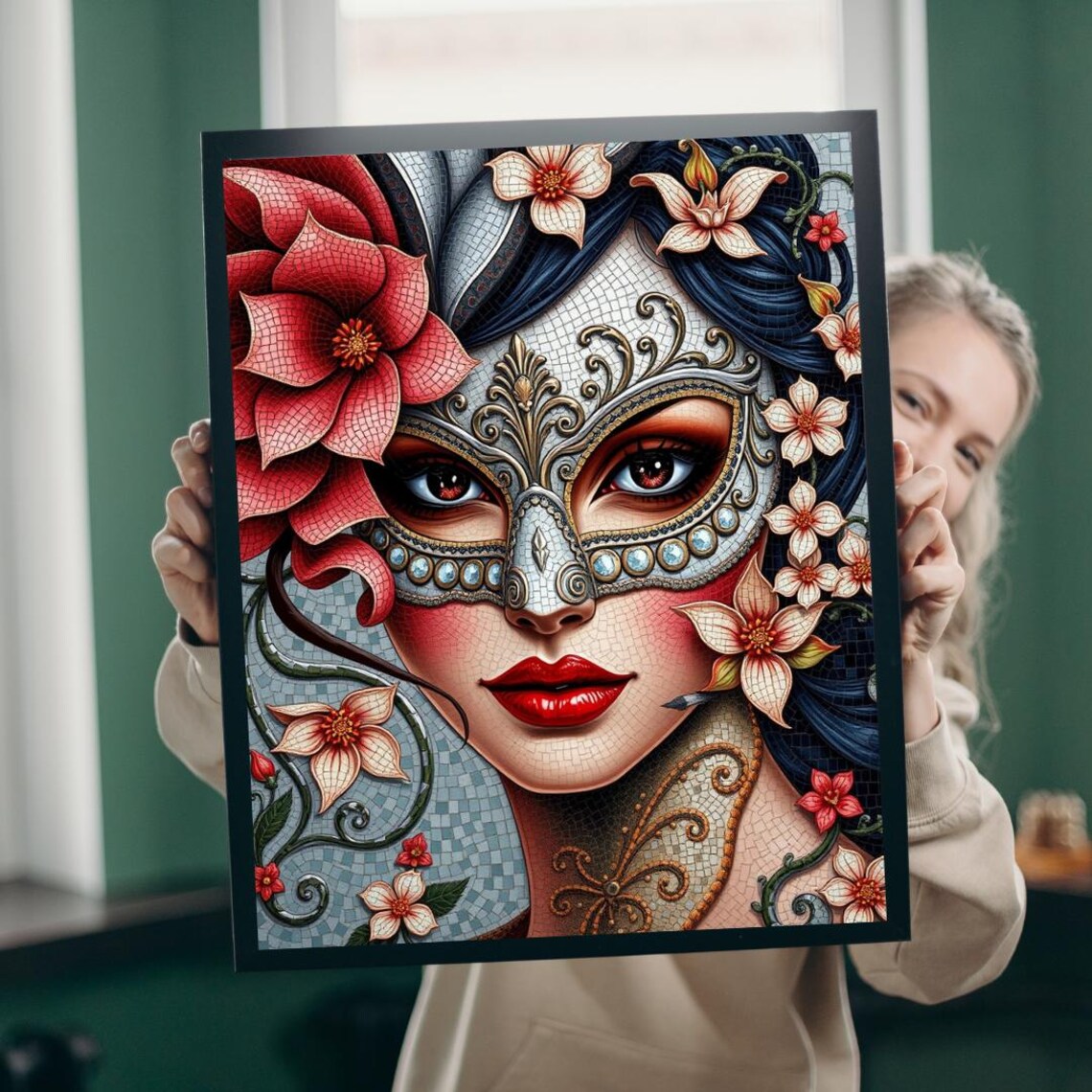 Venetian Mask Mosaic Woman Poster Floral Elegant Face Decor Piece