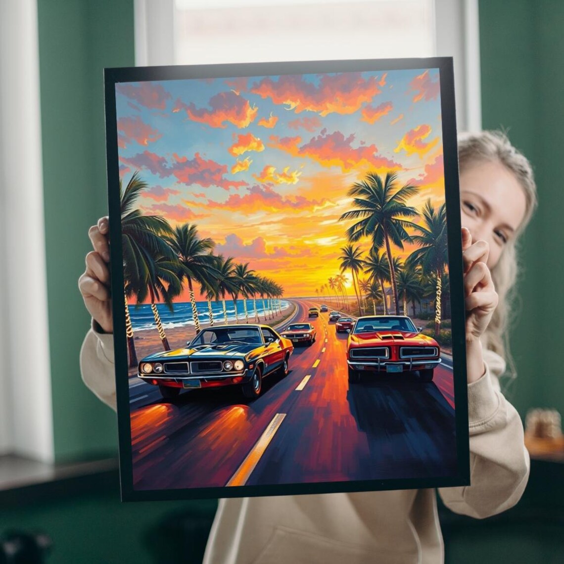 Classic Muscle Cars Racing Palm Beach Sunset Road Art Poster