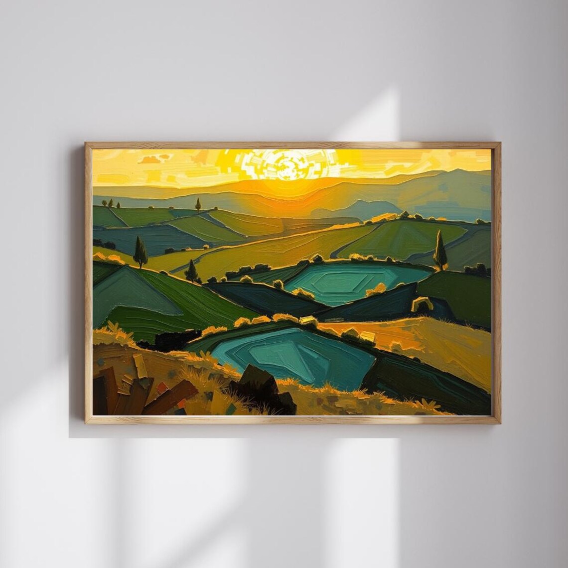 Abstract Rolling Hills Golden Sunset Cubist Modern Landscape Art Print