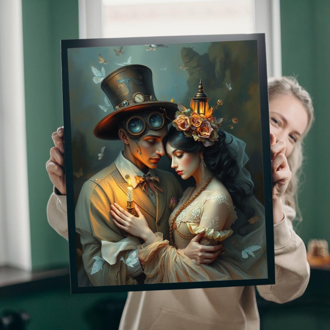 Romantic Steampunk Couple Portrait Goggles Top Hat Art Print