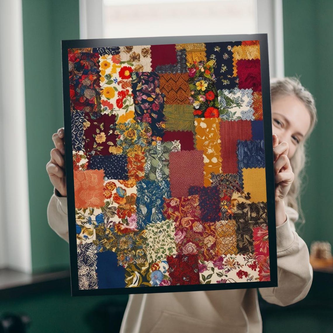 Vintage Floral Patchwork Quilt Fabric Pattern Collage Poster