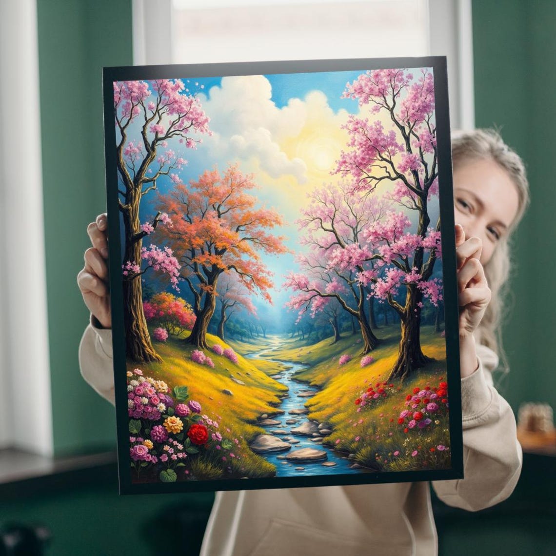 Spring Cherry Blossom Forest Stream Wildflower Fairy Tale Art Print