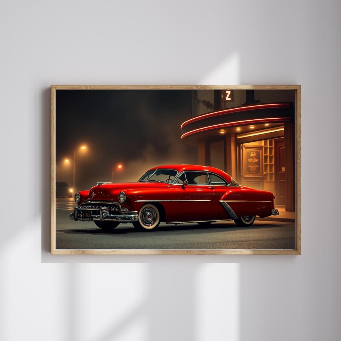 Classic Red Vintage Coupe Neon Theater Night Street Scene Poster