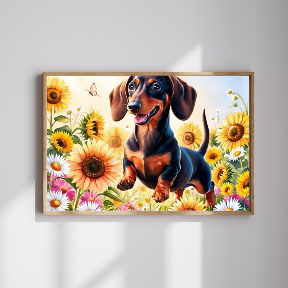 Happy Dachshund Running In Sunflower Field Summer Dog Art Poster