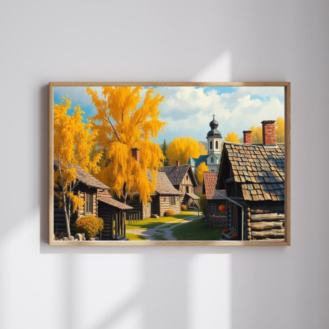 Autumn Slavic Village Log Cabins Golden Birch Trees Church Wall Poster