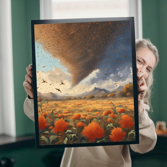 Biblical Locust Plague Print Swarm Over Golden Harvest Field Art