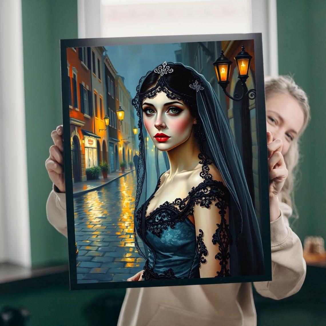 Gothic Bride Portrait Black Lace Veil Night Street Art Print
