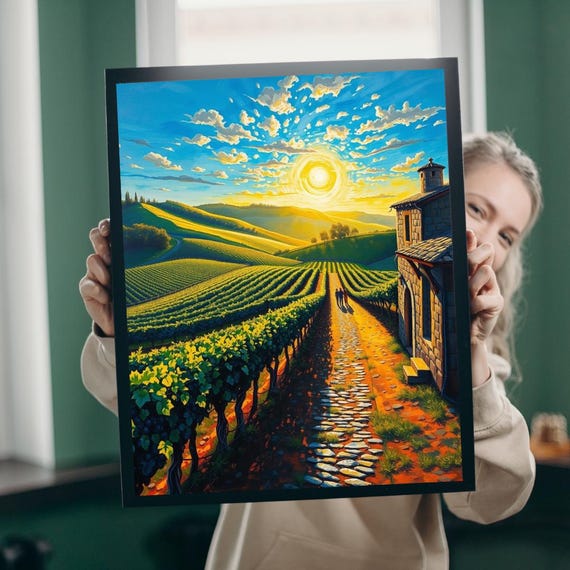 Vineyard Sunset Stone Farmhouse Golden Rows Art Bright Poster