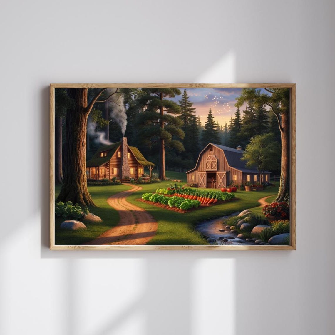 Cozy Cabin Farmstead Forest Garden Stream Sunset Puzzle Art Poster