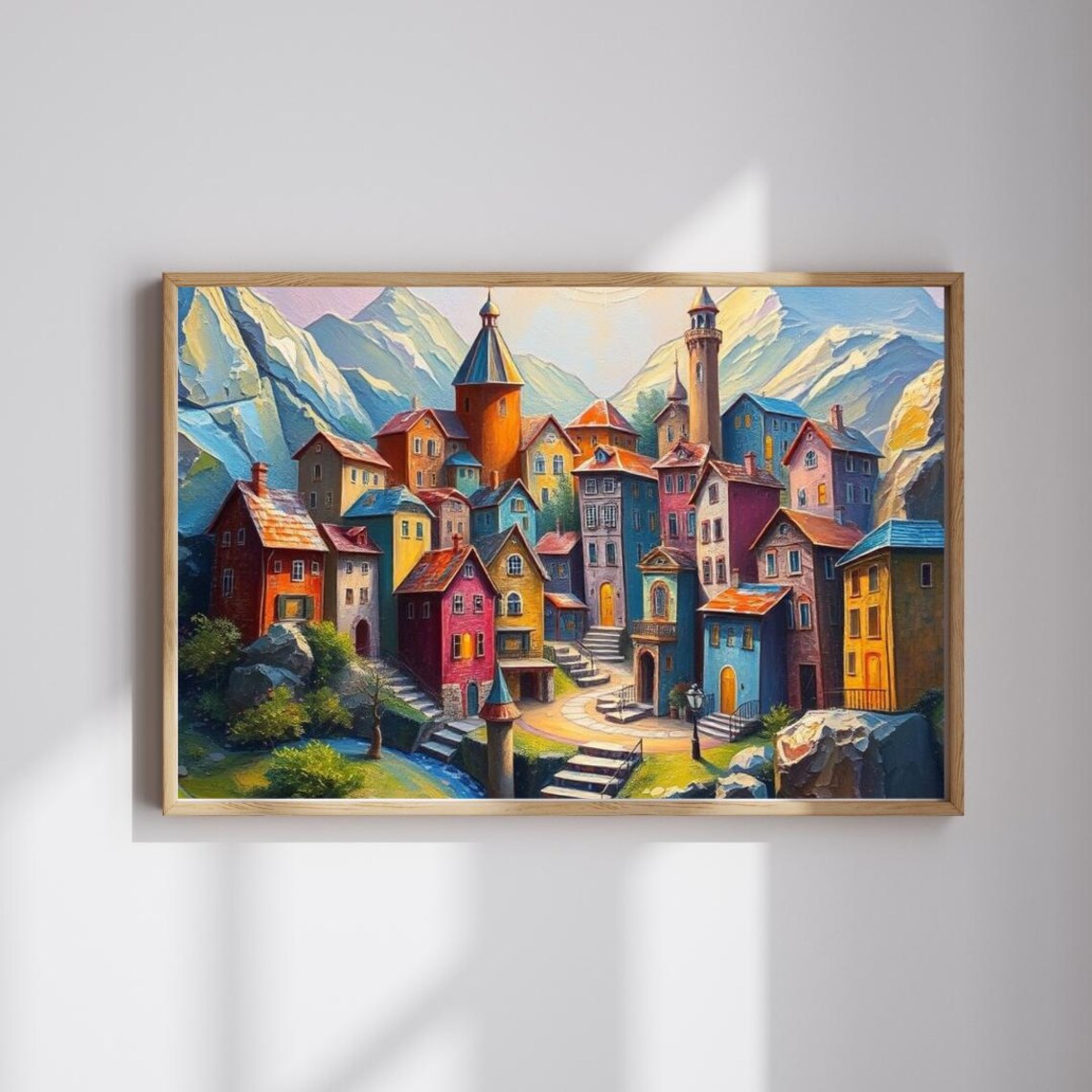 Colorful Alpine Village Nestled in Snowy Mountains Art Poster