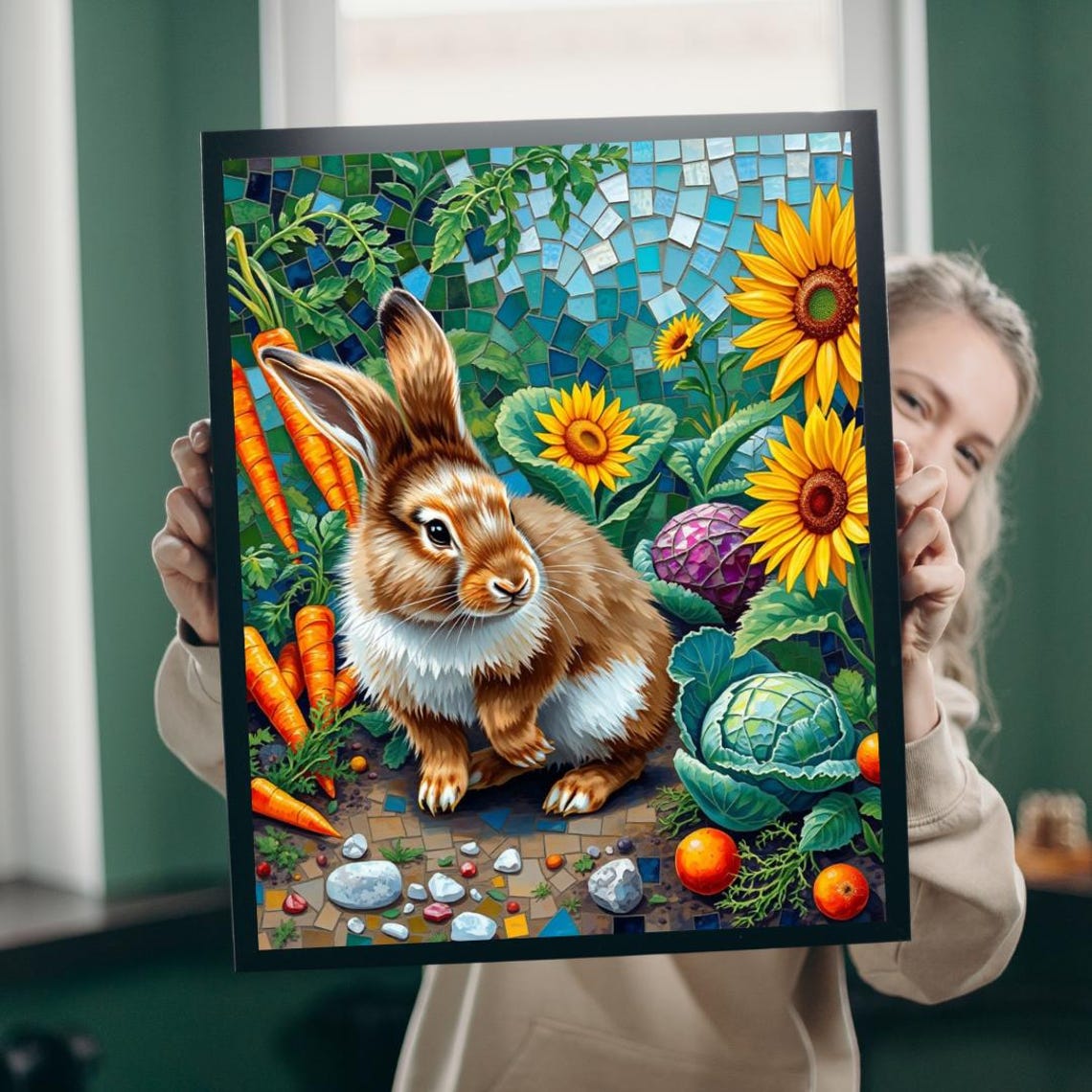 Bunny Garden Mosaic Puzzle Rabbit Carrots Sunflowers