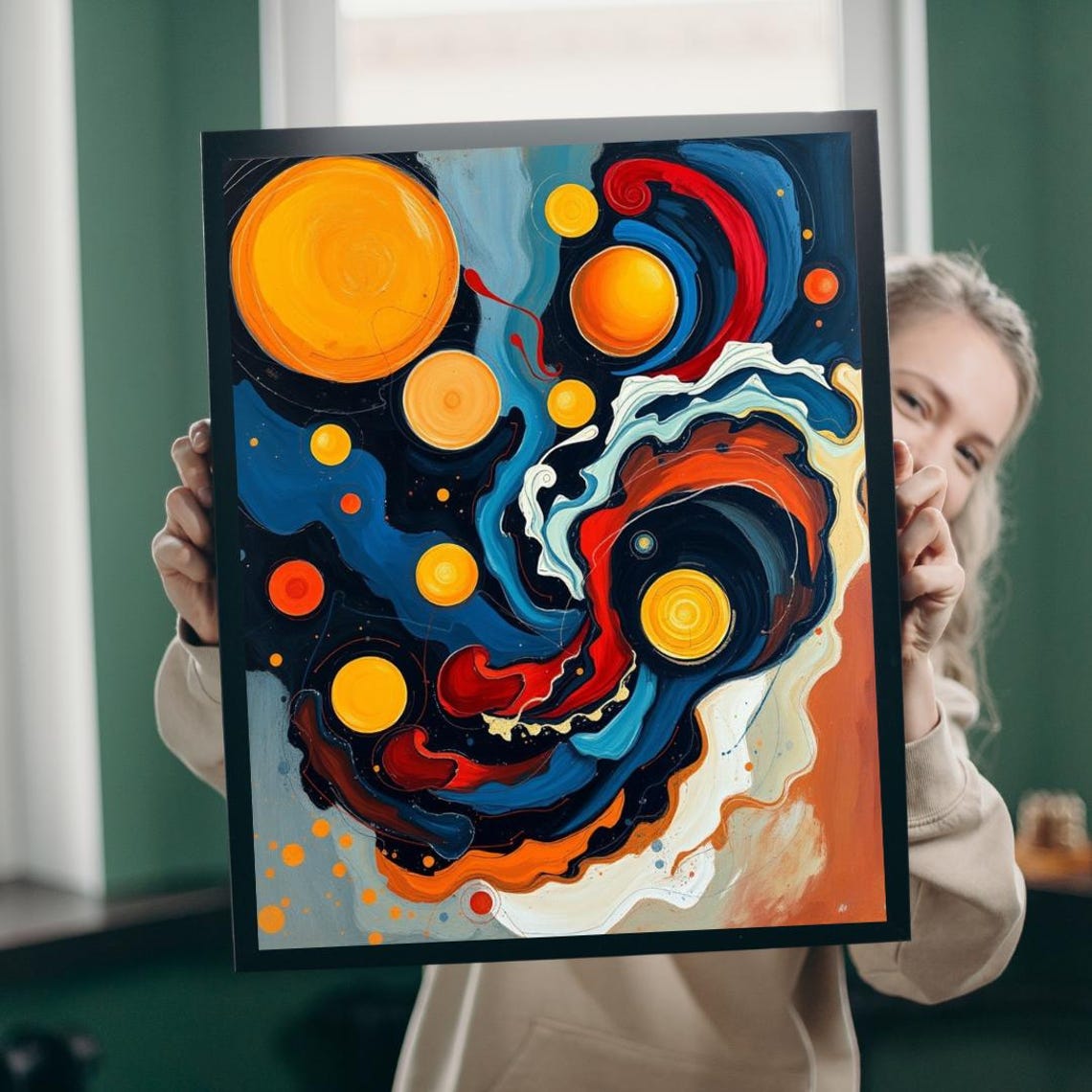 Cosmic Orange Planets and Blue Nebula Swirl Abstract Art Poster