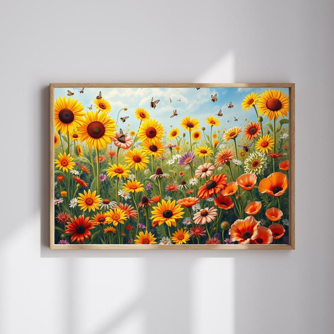 Sunflower Daisy Field Butterflies Blue Sky Summer Garden Art Poster