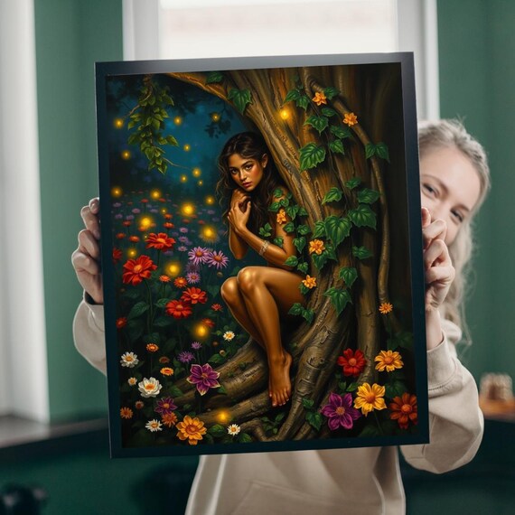 Enchanted Flower Dryad Woman Tree Night Fireflies Fantasy Art Print