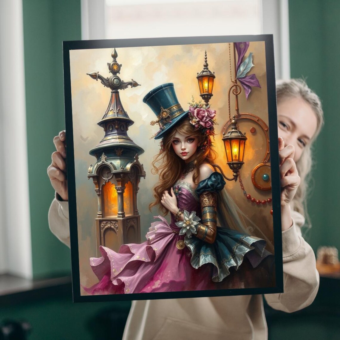 Steampunk Woman in Lantern Archway Night Scene Romantic Portrait Poster