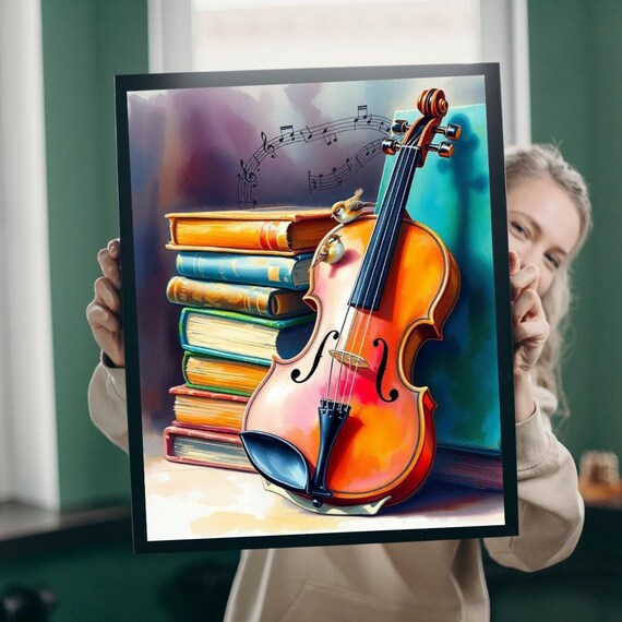 Colorful Violin With Books And Birds Musical Notes Art Poster