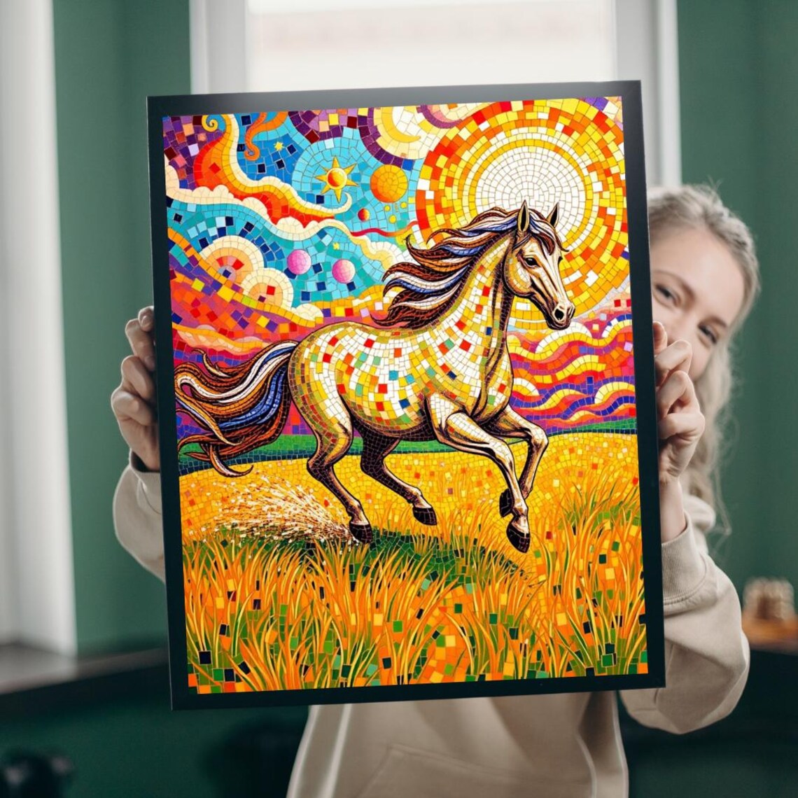 Mosaic Horse Galloping Poster Golden Field Sun Stained Glass Animal Art