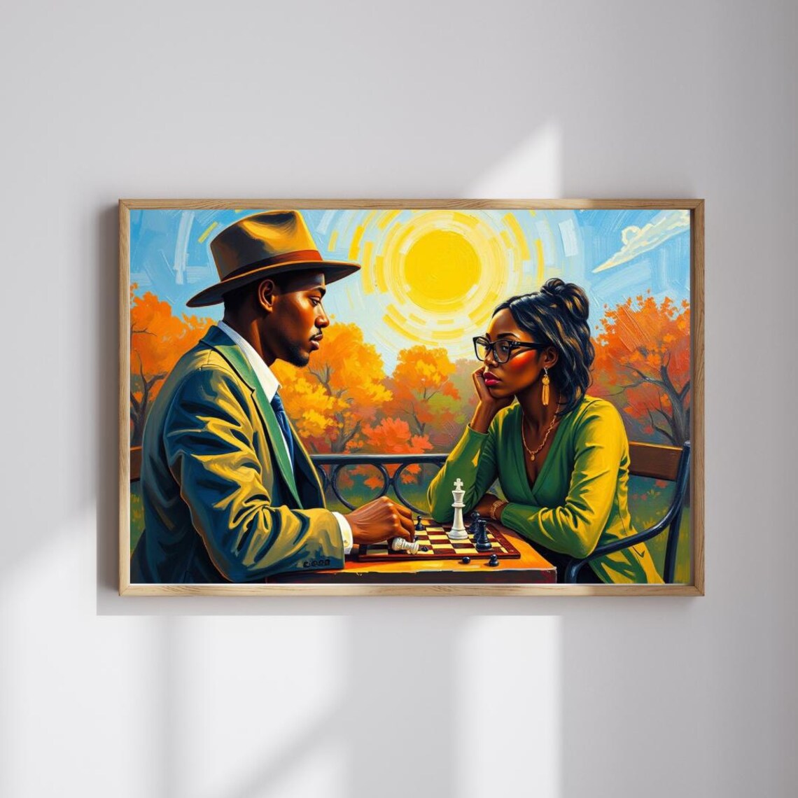 Couple Playing Chess in Autumn Park Stylish Romantic Game Art Poster