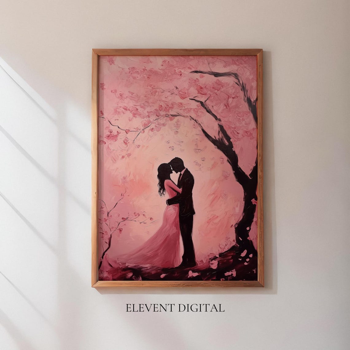 Kissing Couple Beneath Pink Blossom Tree Painting Romantic Wall Art