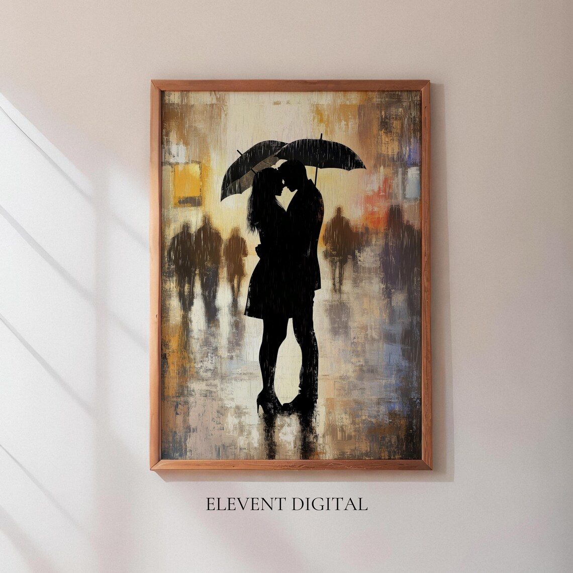 Couple Kiss Black Umbrellas Golden Rain Street Silhouette Wall Art