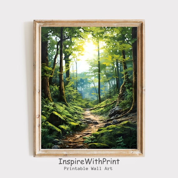 Calming Forest Painting Green Wall Art Nature Inspired Print Decor