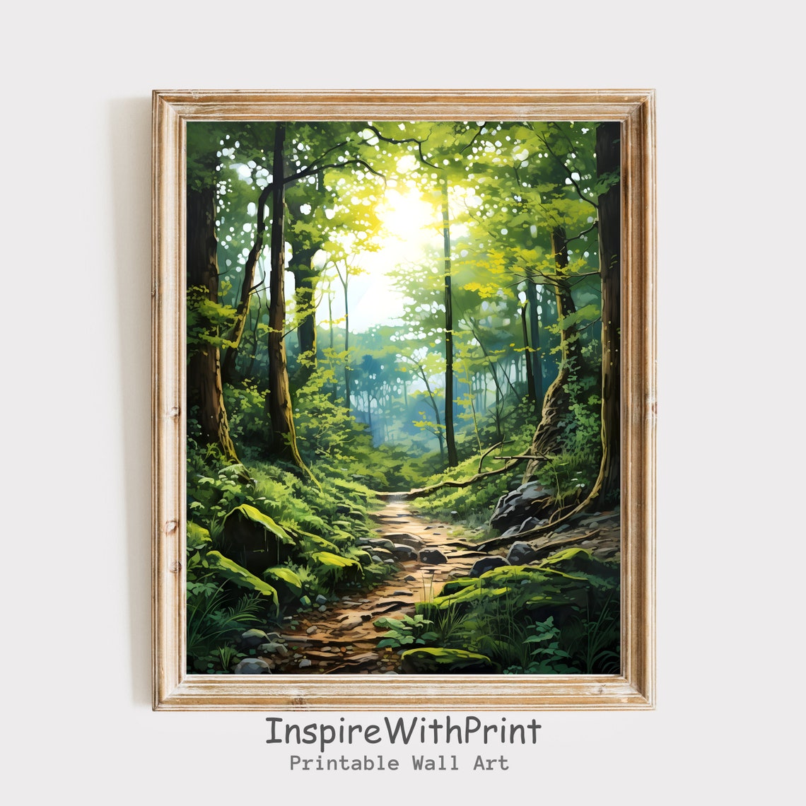 Sunlit Green Forest Path Peaceful Woodland Trail Nature Art Poster