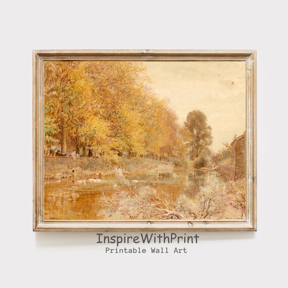 Vintage Golden Autumn Landscape Riverside Trees Oil Painting Print
