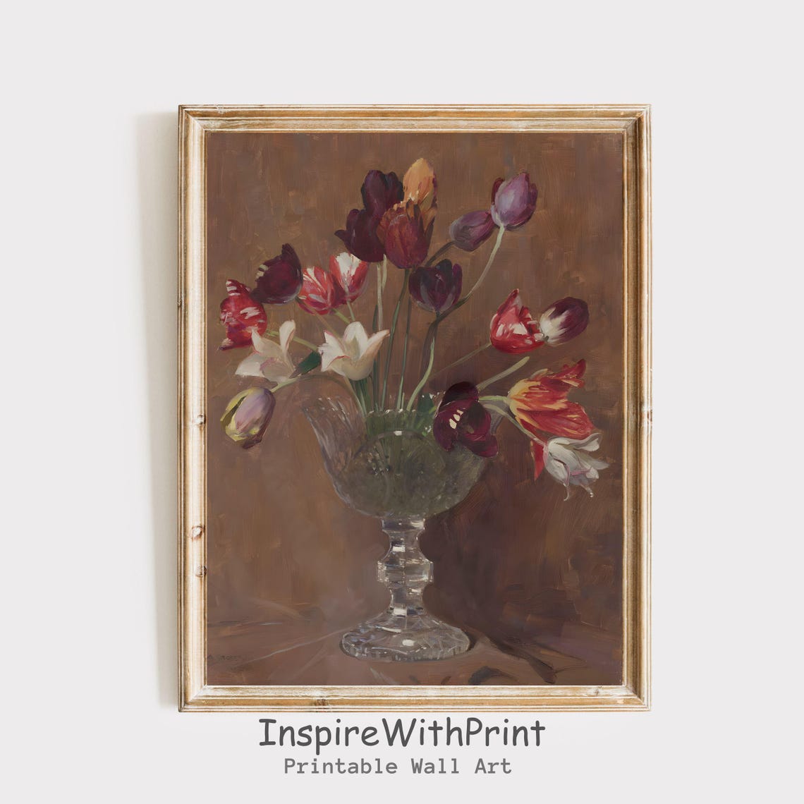 Vintage Tulip Bouquet in Crystal Vase Moody Classic Oil Art Print