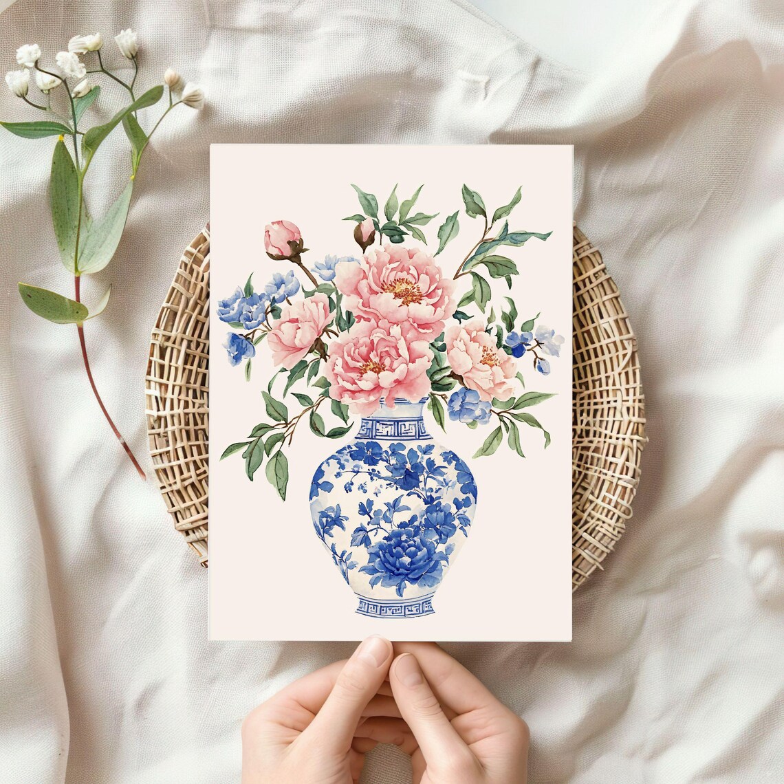 Pink Peonies Blue White Chinoiserie Vase Watercolor Floral Print