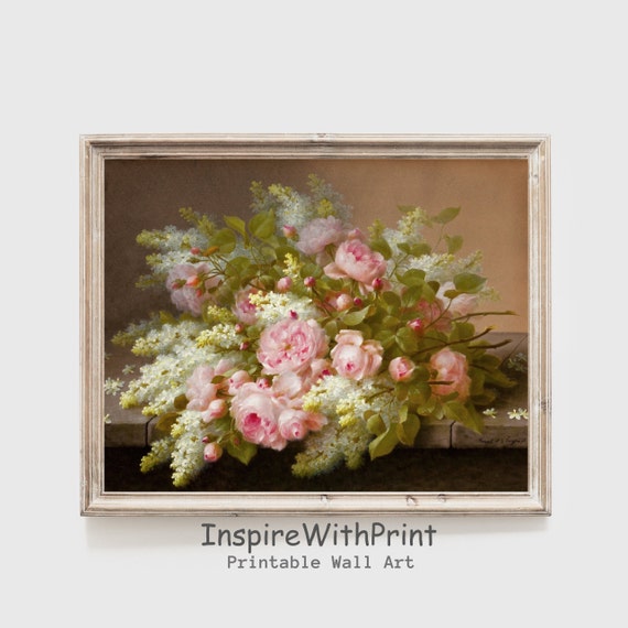 Vintage Flower Still Life Painting Moody Pink Flowers Wall Art Antique Floral Print Spring Cottage Core Decor