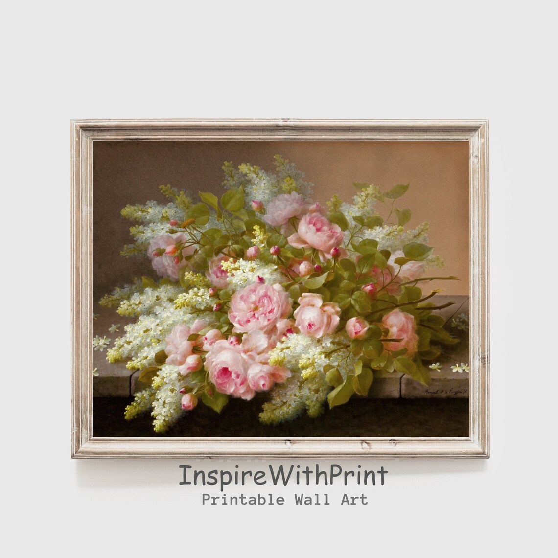 Vintage Pink Roses And White Lilacs Floral Still Life Painting Poster