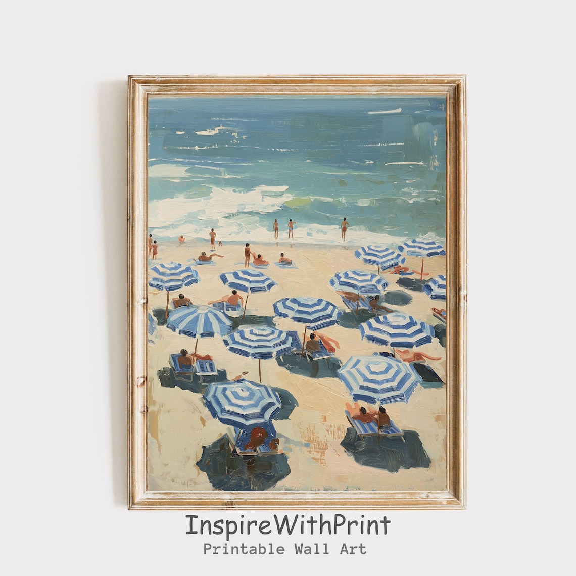 Retro Beach Umbrella Painting, Coastal Seascape Art Print