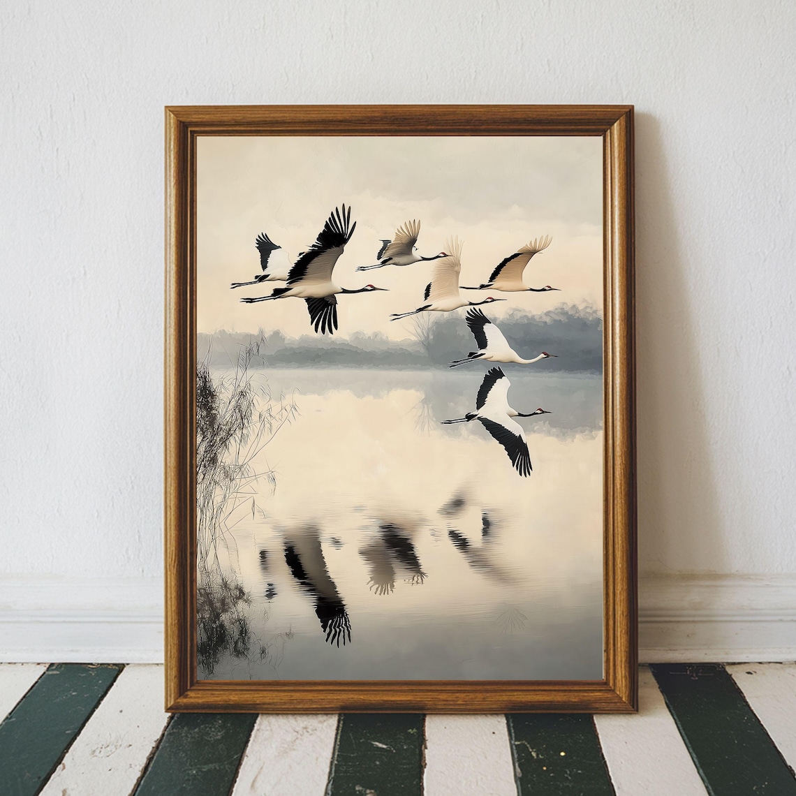 Flying Cranes Japandi Bird Print, Neutral Style