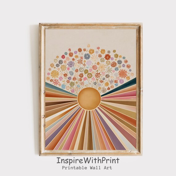 Boho Sun Print Colorful Wall Art Abstract Sunrise Midcentury Modern Playroom Poster Nursery